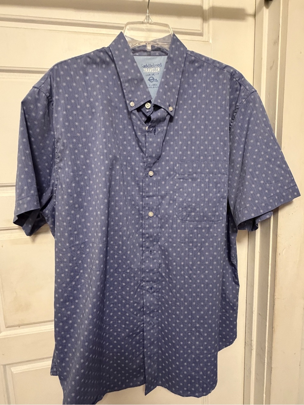 Saddlebred Blue Short Sleeve Button-Down Shirt with Micro Dot Print
